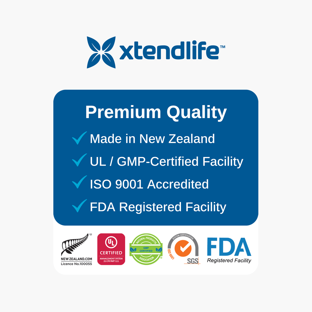 Premium product features: made in New Zealand, UL/GMP certified facility, ISO 9001 accredited, FDA registered facility
