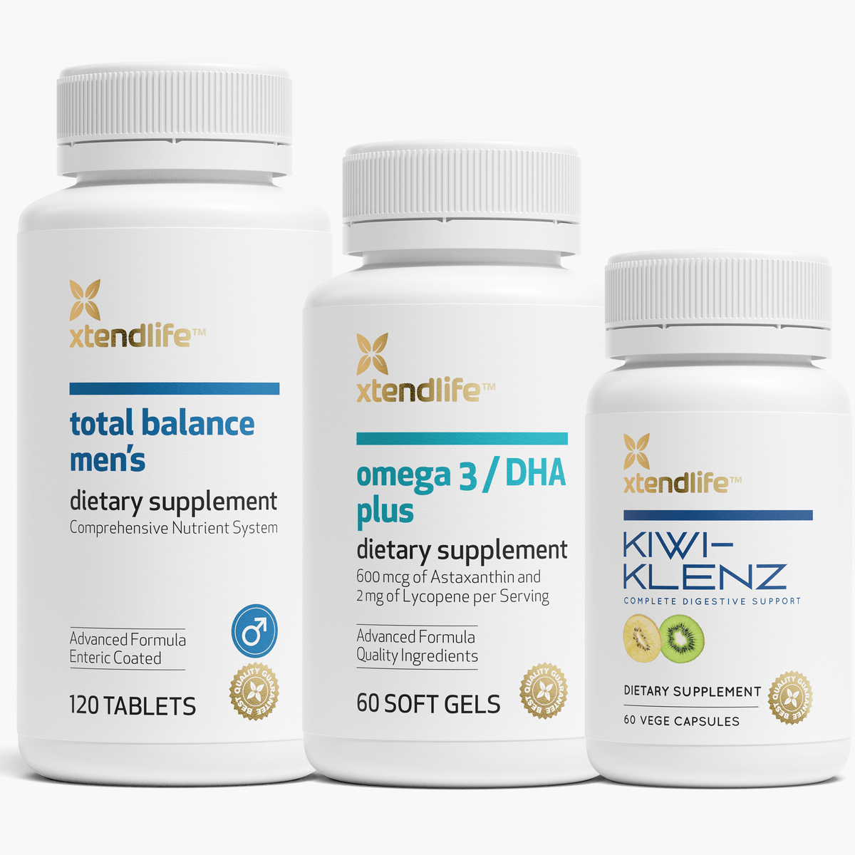 Core Wellness Men&#39;s Standard bundle containing Total Balance Men&#39;s, Omega 3/DHA Plus, and Kiwi-Klenz