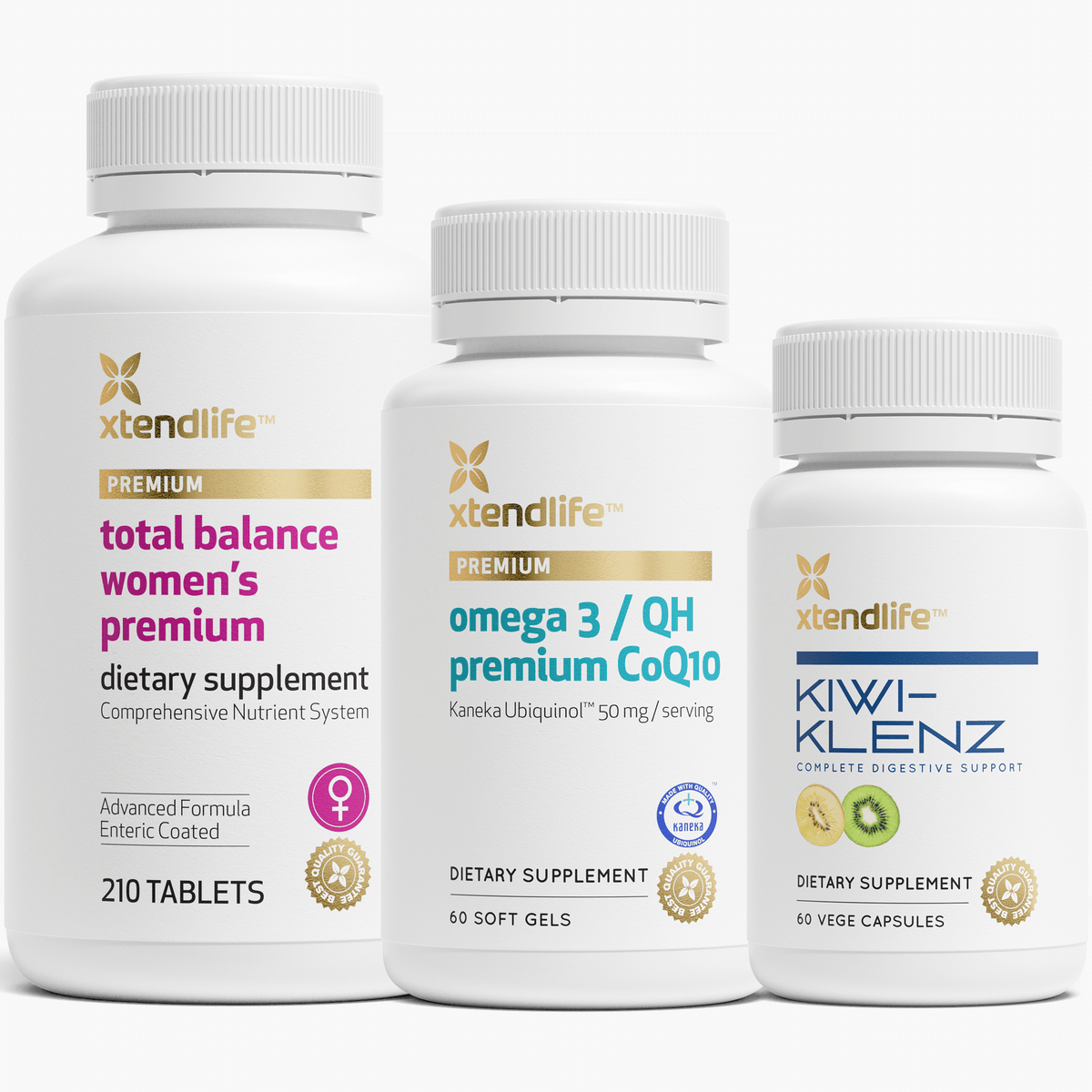 Core Wellness Women&#39;s Premium bundle containing: Total Balance Women&#39;s Premium, Omega 3/QH Premium CoQ10, Kiwi-Klenz