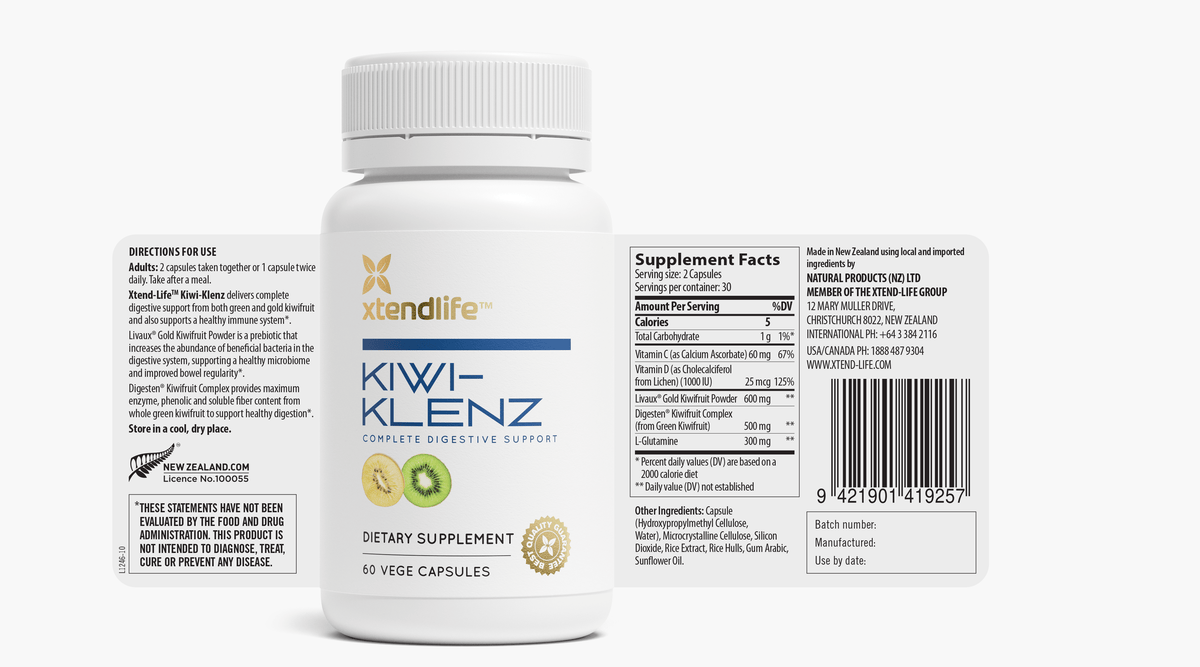 The nutritional label for Kiwi-Klenz