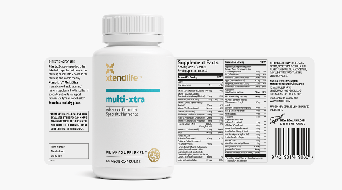 The nutritional label for Multi-Xtra