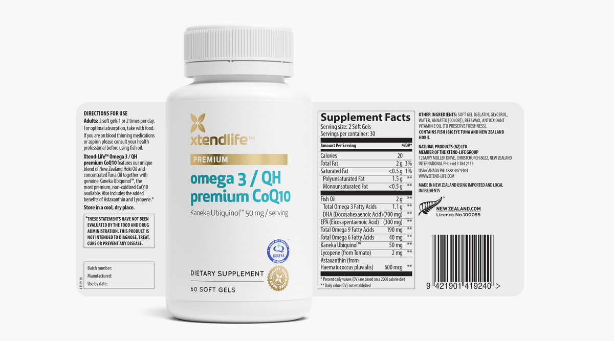 The nutritional label for Omega 3/QH Premium CoQ10