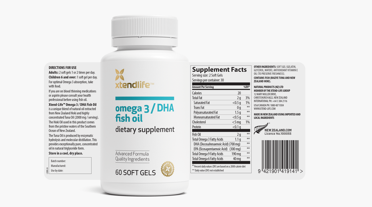 The nutritional label for Omega 3 / DHA Fish Oil