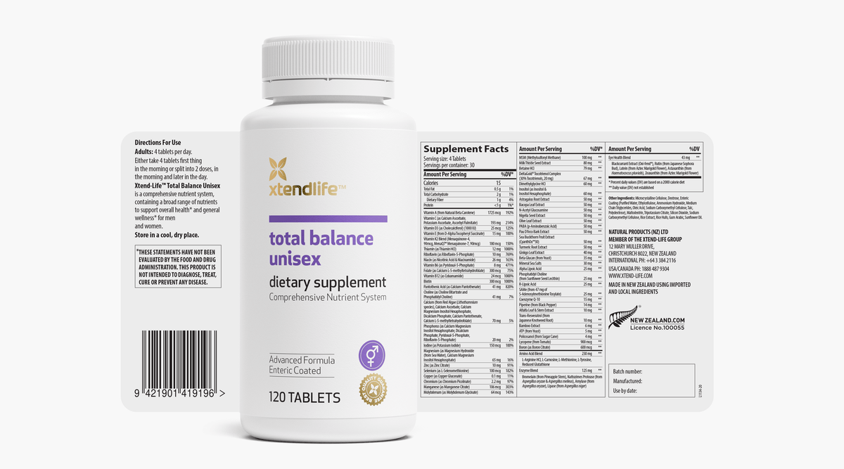 The nutritional label for Total Balance Unisex